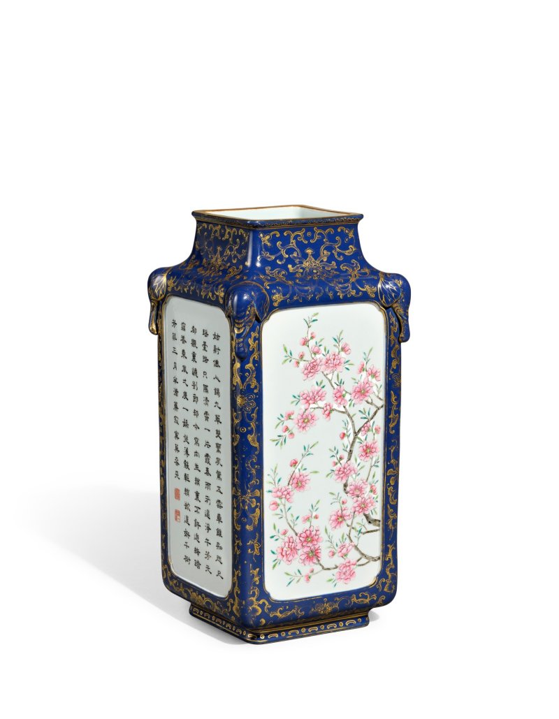 A fine and rare imperial inscribed blue-ground and gilt-decorated 'floral' square vase, Qing dynasty, Qianlong period |  清乾隆　霽青地描金開光粉彩花卉御製詩鋪象首四方瓶　「乾隆宸翰」、「惟精惟一」、「比德」、「朗潤」印
