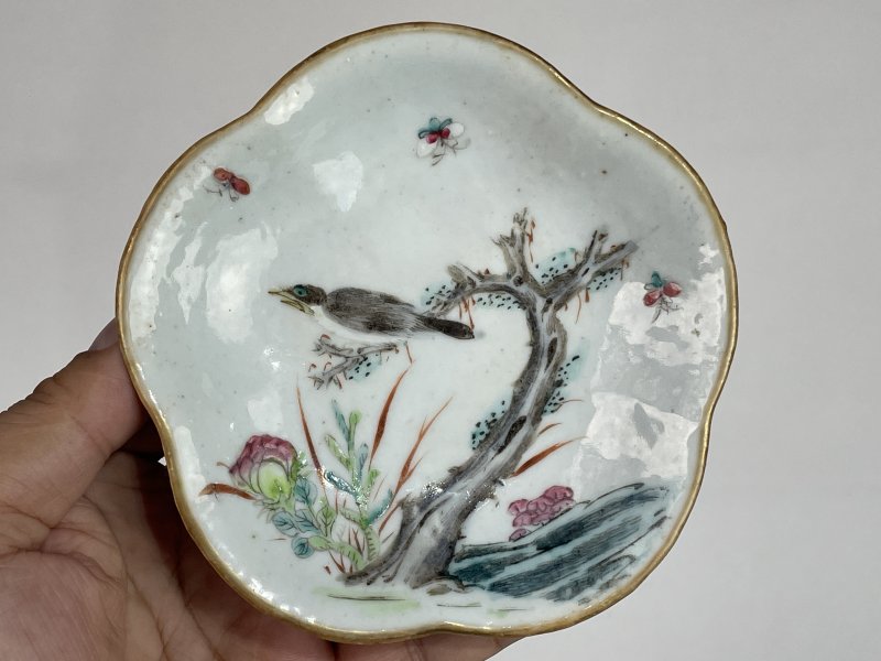 清晚期 粉彩花鸟纹供盘 - 图2