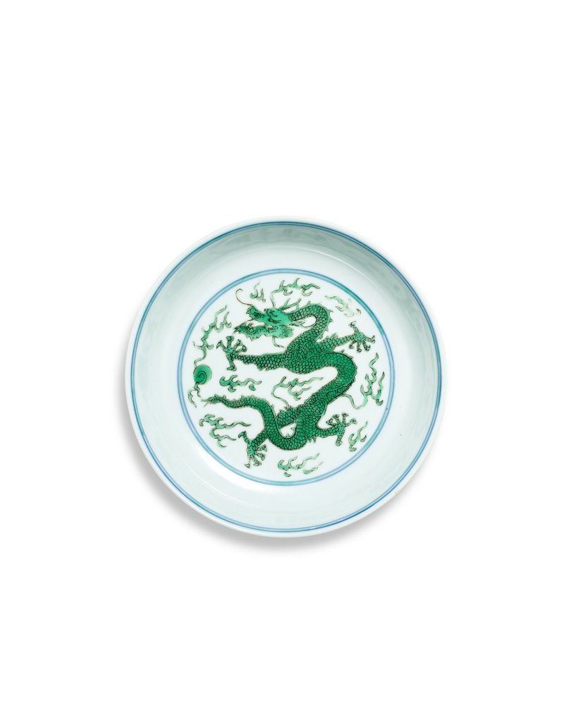 A fine green-enamelled 'dragon' dish, Mark and period of Kangxi | 清康熙 綠彩雲龍戲珠紋盤 《大清康熙年製》款