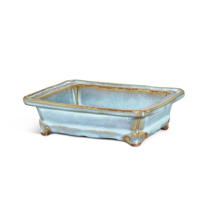 A Junyao rectangular jardinière stand, Early Ming dynasty | 明初 鈞窰天藍釉長方倭角花盆托 「十」字款