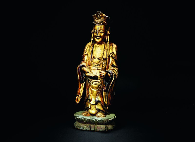 清晚期 漆金木雕宝瓶观音 - 图1