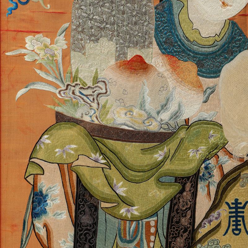 清 红地彩绣麻姑献寿挂屏 - 图3