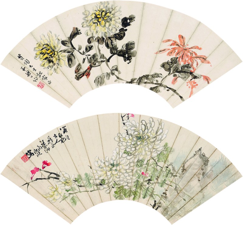 梁公约 花卉扇面、仇欣 菊石扇面连框 二幅 - 图1