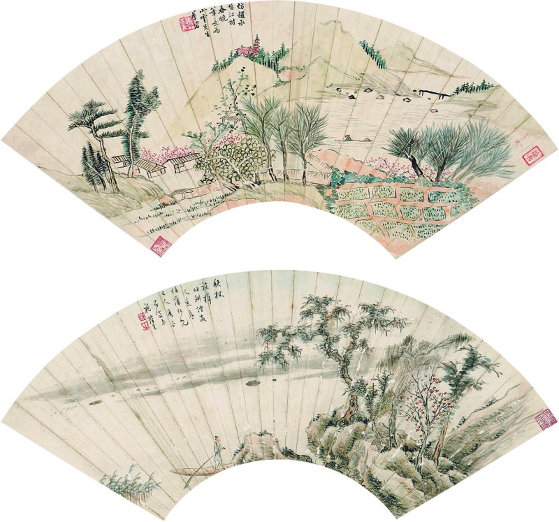 邓邦述 山水扇面、施葆生 花卉扇面连框 二幅 - 图1