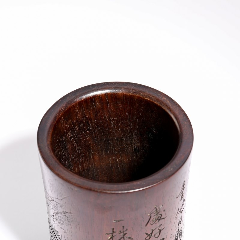 清 吴云款黄花梨雕山水楼阁笔筒 - 图5