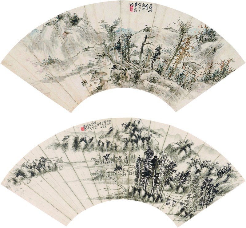 施悊 山水扇面、毕龄 山水扇面连框 二幅 - 图1
