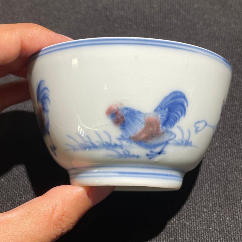清康熙 青花釉里红鸡缸杯 - 图2