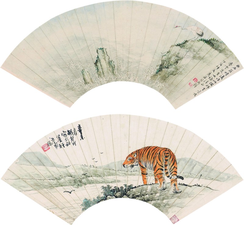 司马钟 仙鹤山水扇面、胡郯卿 虎扇面连框 二幅 - 图1
