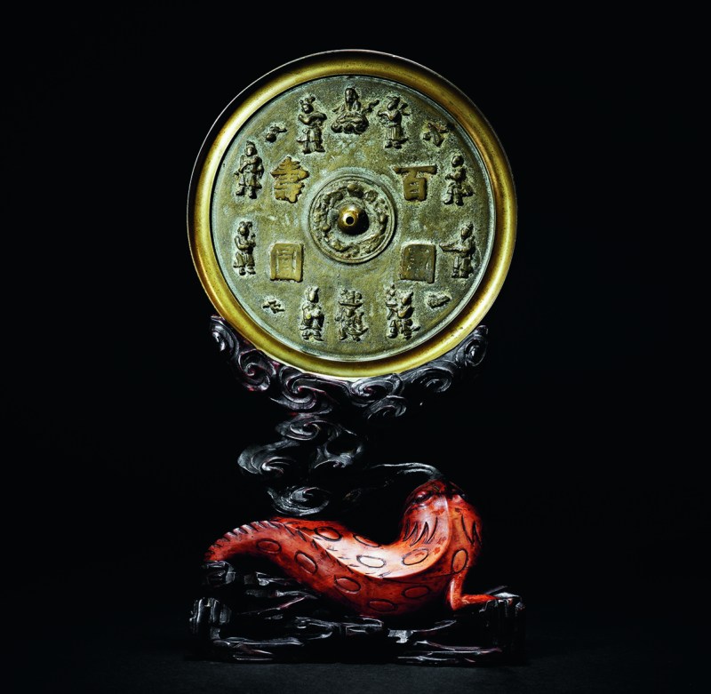 清 百寿图特大铜镜连座 - 图1
