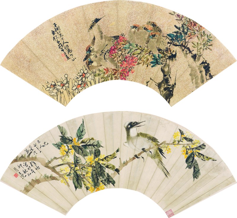 徐培 花鸟扇面、井春芳 花鸟扇面连框 二幅 - 图1
