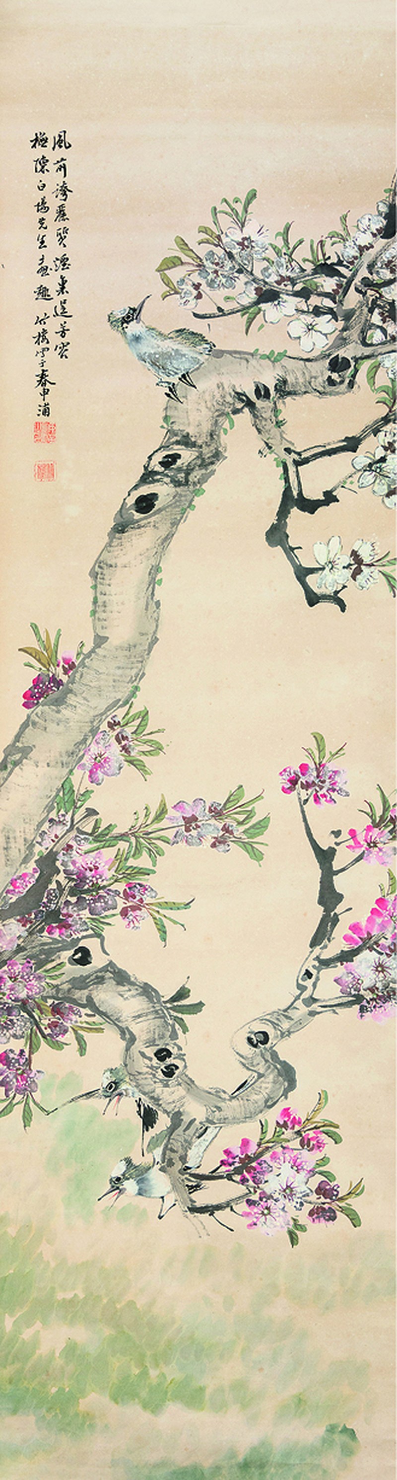 竹楼 花鸟屏轴 - 图1