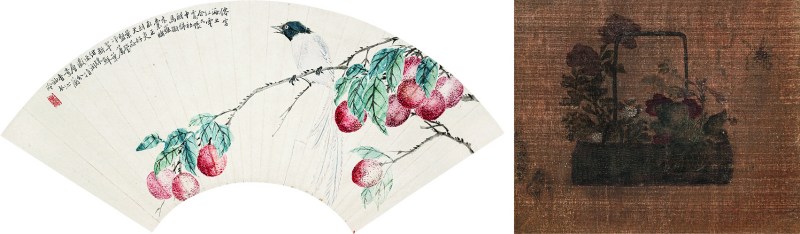 候碧漪 花鸟扇面、徐崇嗣 绢本花篮镜片 二件 - 图1