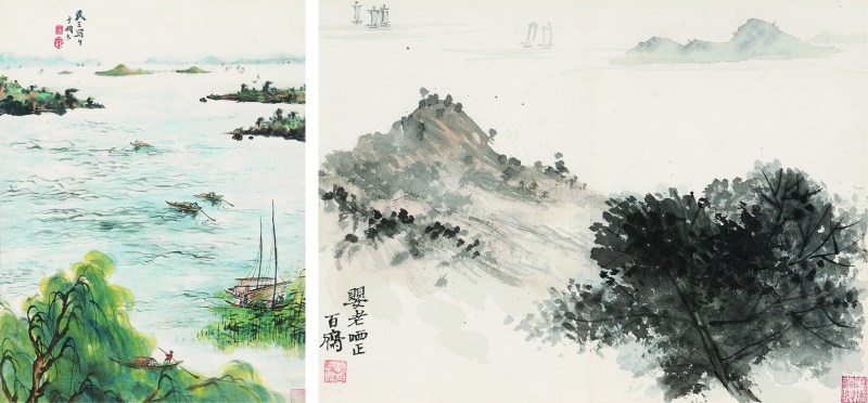 章民三 写生山水、刘汝醴 山水连框 二幅 - 图1