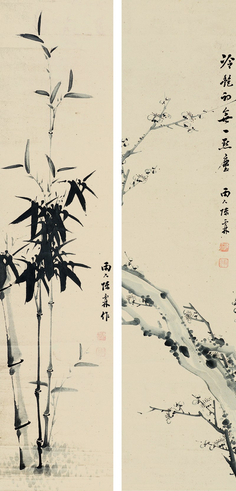 陈霖 梅竹双清对屏 一对 - 图1