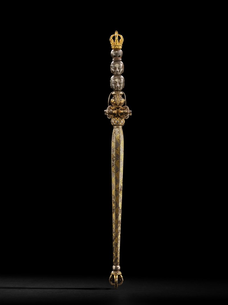 A gold and silver-inlaid iron sacred ritual sceptre, khatvanga, Ming dynasty, Yongle period | 明永樂　鐵鋄金銀喀章嘎天杖