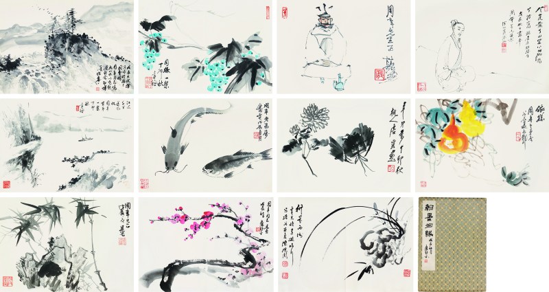 近代 鹰野平题签（翰墨姻缘册页）、邹受成（粘鱼）、陈从周（兰花）、徐伯青（人物）、鹰野平（梅花封面题签）、张棋铭（人物）、唐雲（蟹）、黄达聪（山水葡萄）、伏文彦（山水）、关长邺（葫芦）、刘旦笔（竹石）