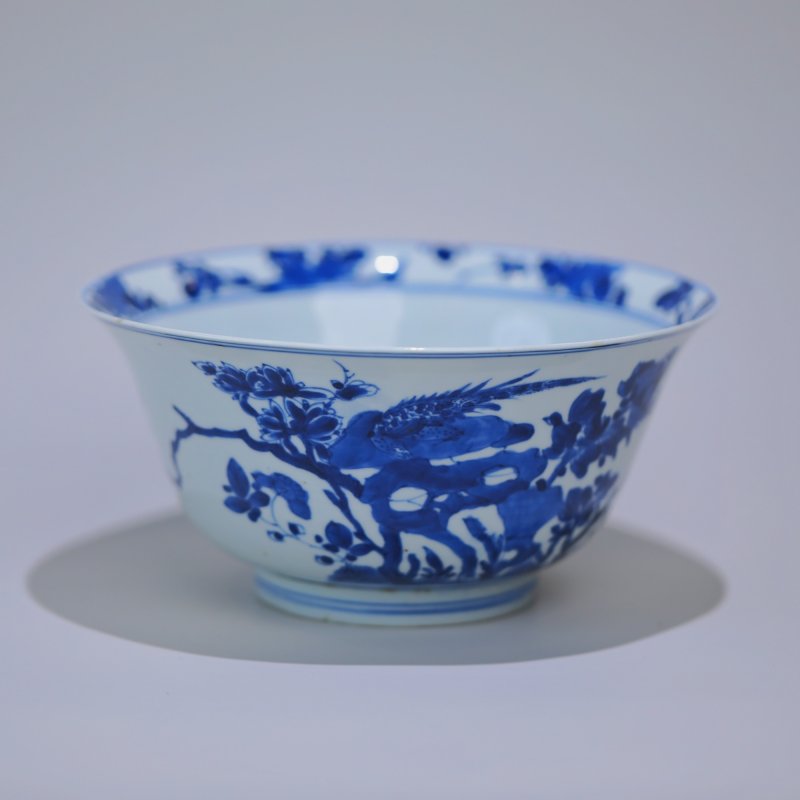 清康熙 青花锦鸡牧丹图碗