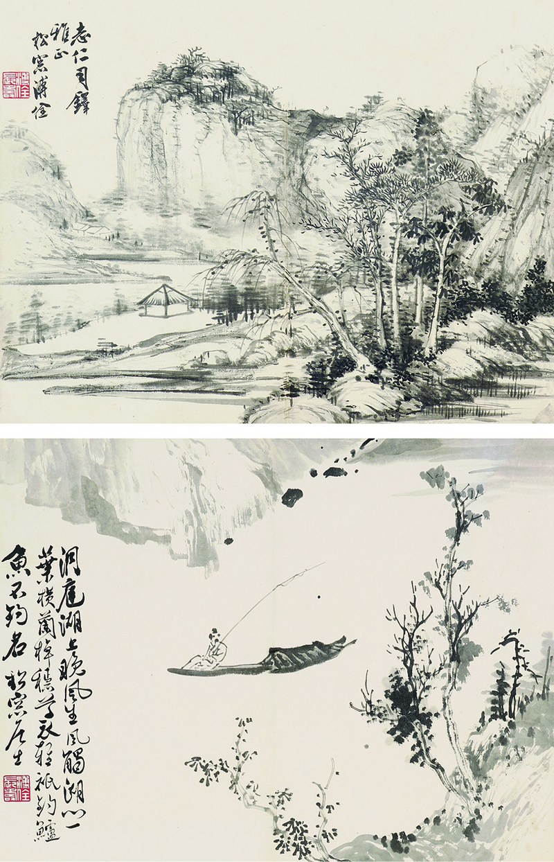 溥松窗 山水双挖轴 - 图1