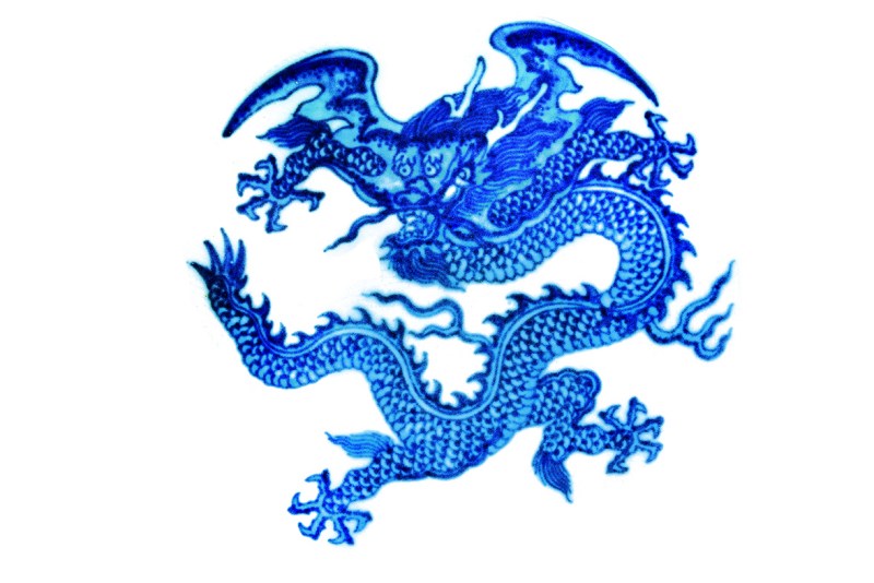 清雍正 青花暗刻海水应龙纹大碗 - 图3