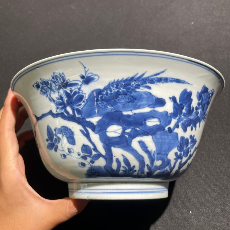 清康熙 青花锦鸡牧丹图碗 - 图2