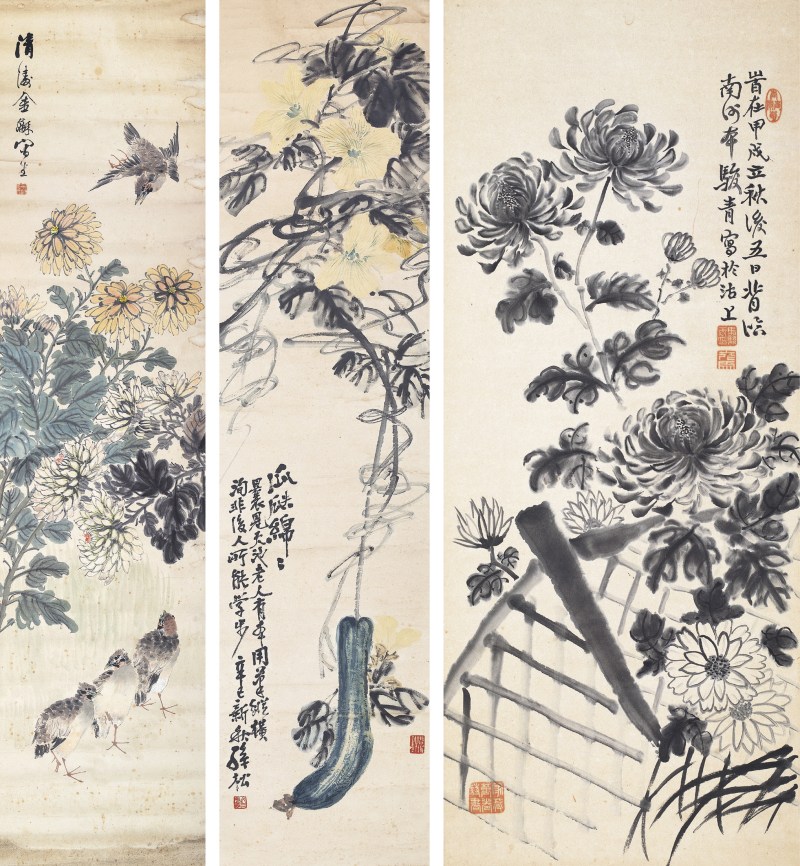 马峻青 菊花；孙松 蔬瓜；金梦石 花鸟