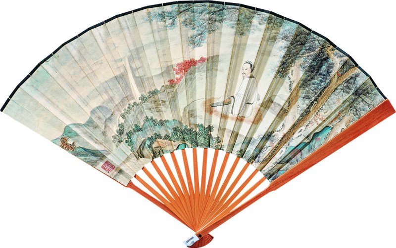 俞明 山水人物成扇（沉香木扇骨） - 图1