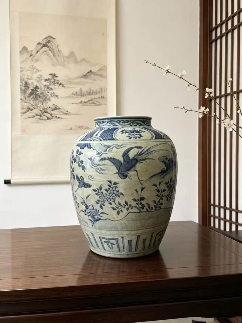 明万历 青花花鸟大罐