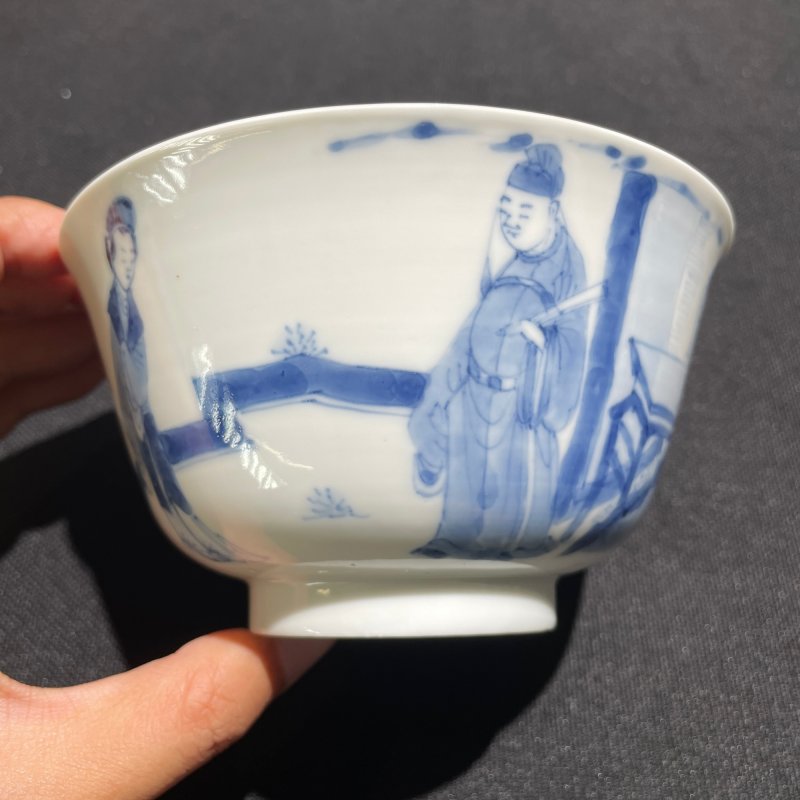 清康熙 青花人物诗文碗 - 图2