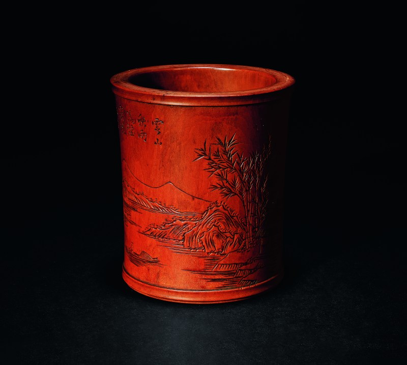 孙更贯 刻黄杨木山水笔筒 - 图1