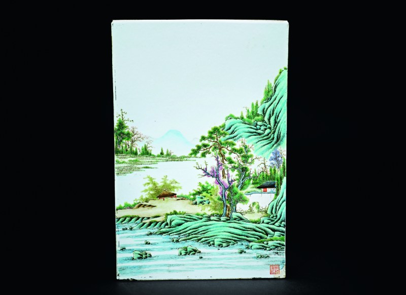 清光绪 粉彩山水人物瓷板