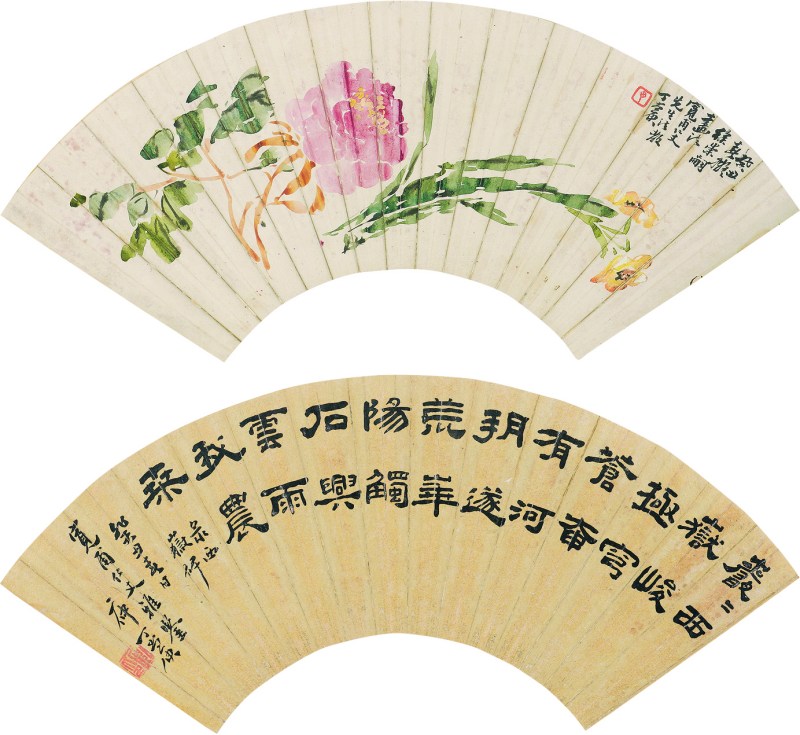 丁二仲 花卉扇面、泥金书法扇面连框 二幅