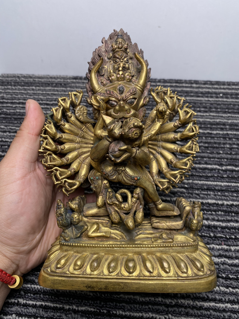 清 铜鎏金嵌宝大威德金刚立像 - 图18