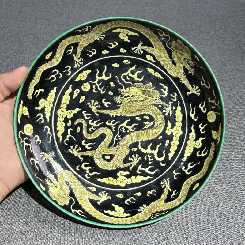 清晚期素三彩龙纹盘 - 图4