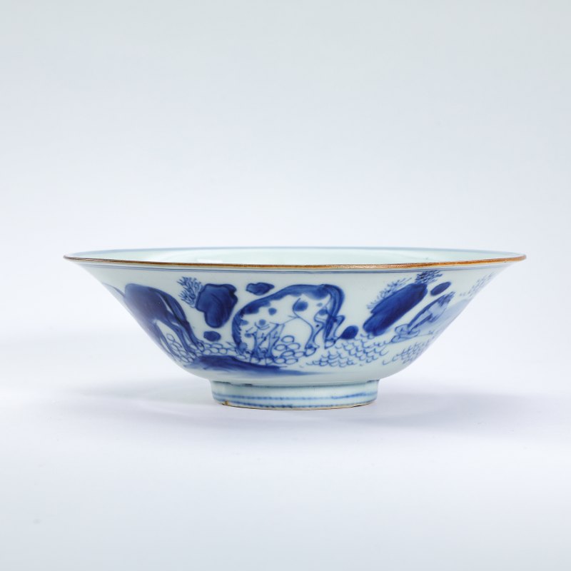 清早期 青花八骏图斗笠碗 - 图3