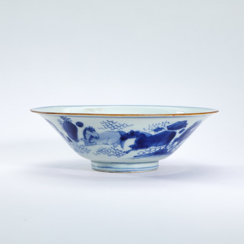 清早期 青花八骏图斗笠碗 - 图4