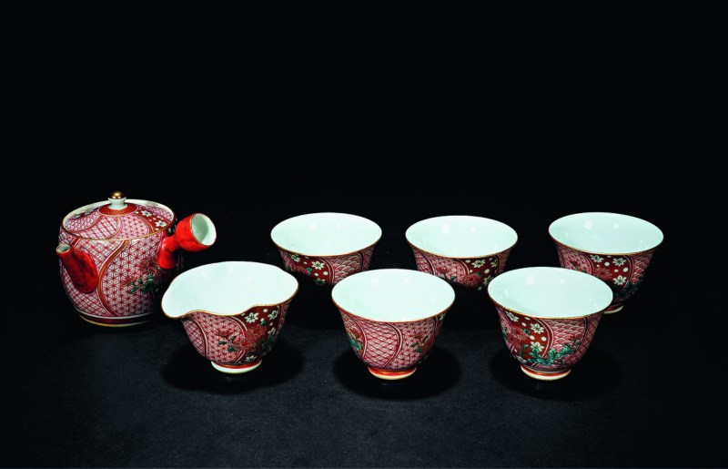 清 九谷烧矾红描金花卉纹精品茶道具 七件/套 - 图1