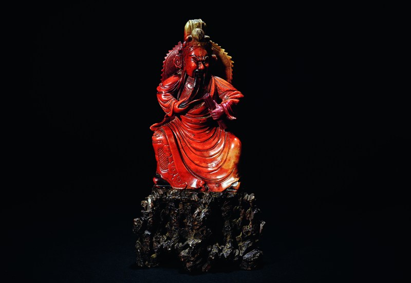 清 寿山石雕武财神关公坐像连座 一套