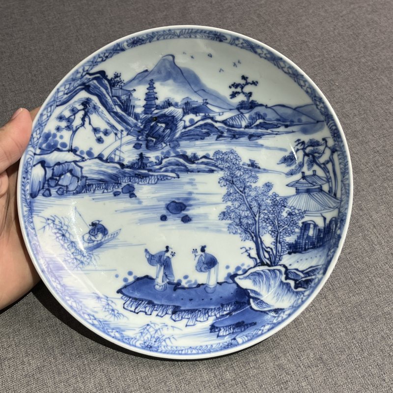 清康熙青花披麻山水人物盘 - 图4