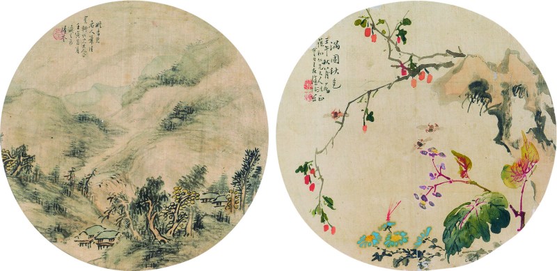 王友德 绢本蜜蜂花卉团扇、陆荃 绢本山水团扇连框 二幅