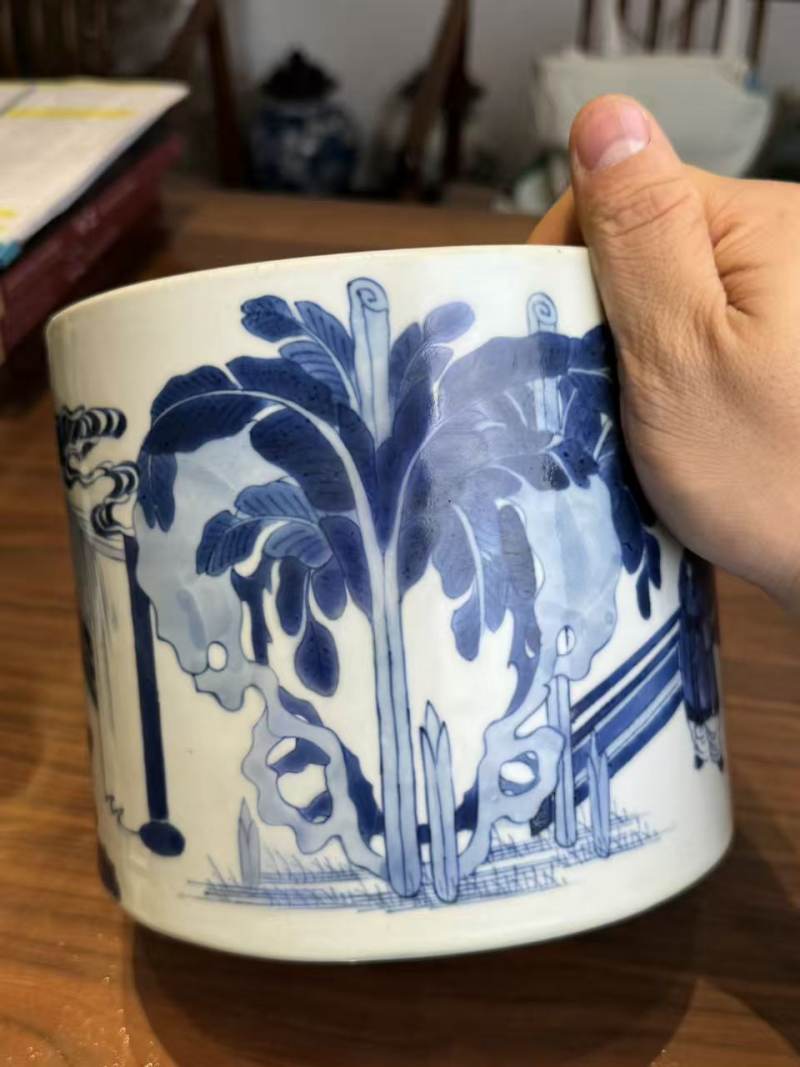 清康熙 青花翻羹不恚故事笔筒 - 图8