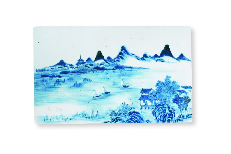 清 镶青花山水瓷板红木嵌瘿木束腰案桌 - 图2