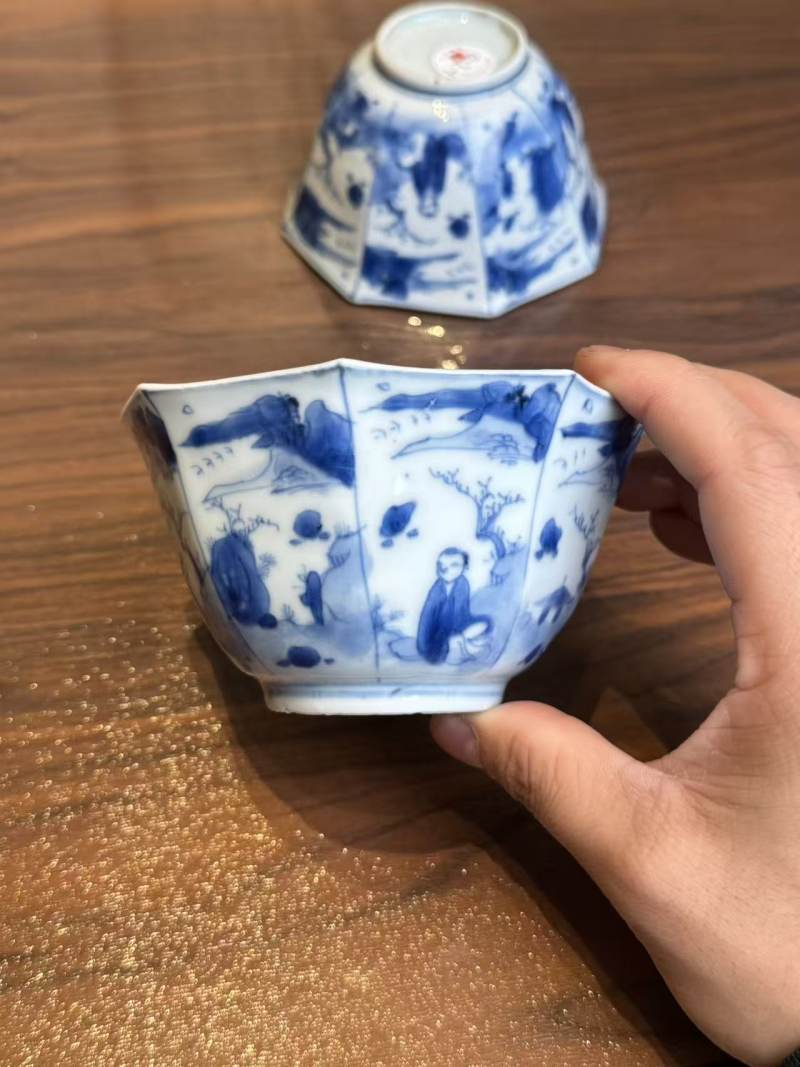 清康熙 青花山水人物碗一对 - 图2