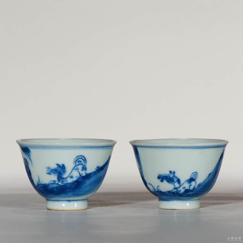 清 青花双骏图杯（一对） - 图2