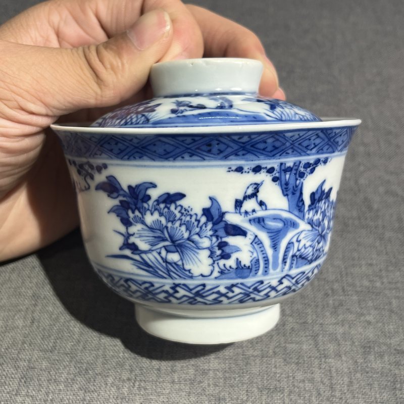 清青花花鸟诗文盖碗 - 图4