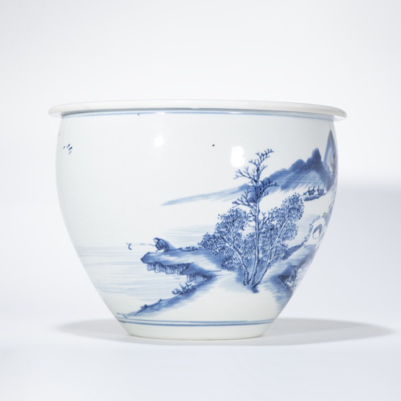清乾隆 青花山水纹卷缸 - 图1