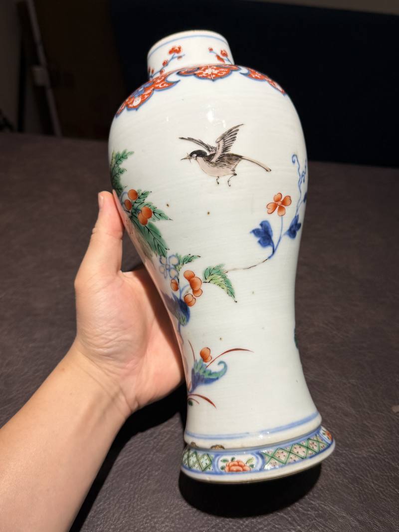 清康熙 青花五彩花鸟梅瓶 - 图8