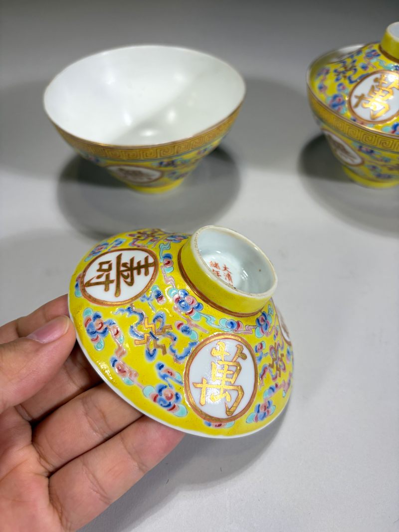 清光绪 黄地粉彩万寿无疆盖碗一对 - 图19