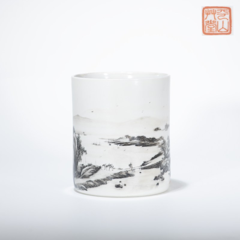 清 墨彩山水笔筒 - 图2