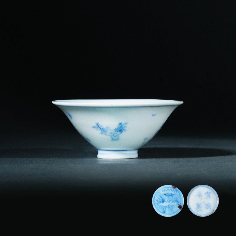 明天启 青花子母鸡纹斗笠杯 - 图1