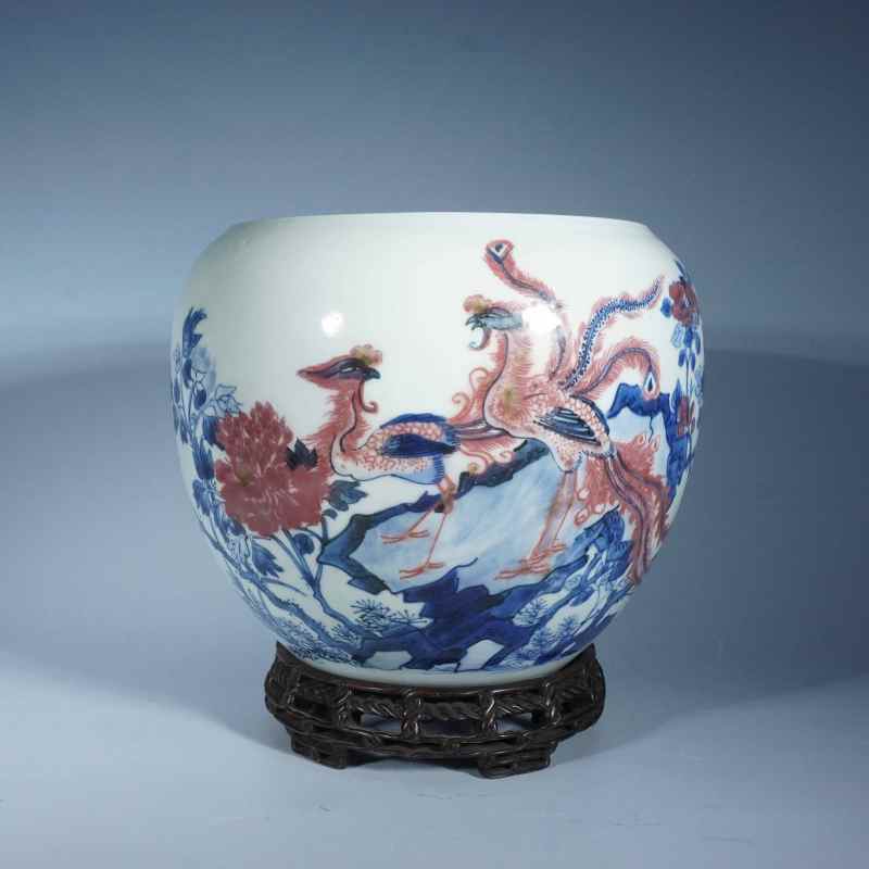 清康熙青花釉里红花鸟卷缸 - 图1